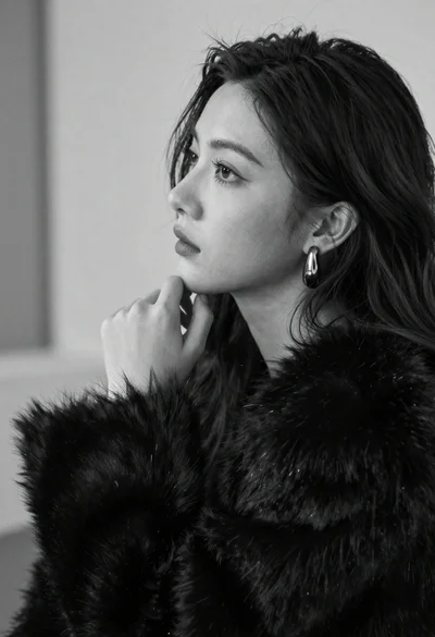 Black and white profile portrait of woman in fur coat looking away