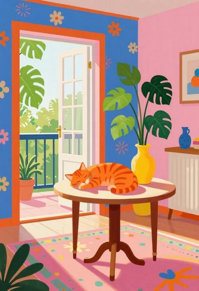 Orange tabby cat sleeping on table in vibrant room