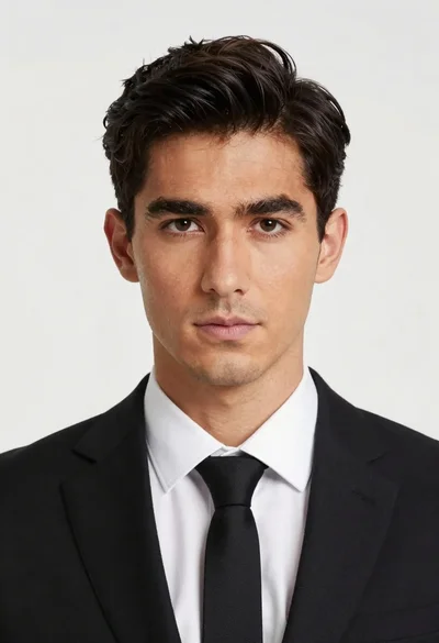 Portrait of handsome man in black suit against white studio background