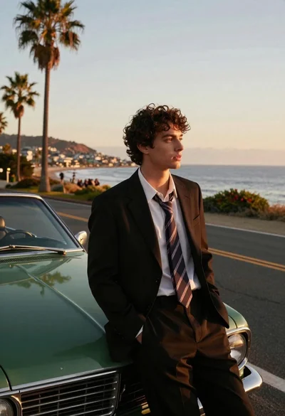 Young handsome man in black suit leaning against vintage green convertible on