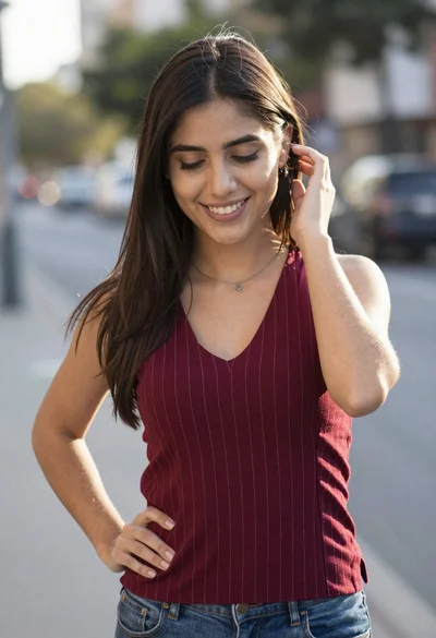 Smiling young woman in maroon top standing outdoors with blurred background