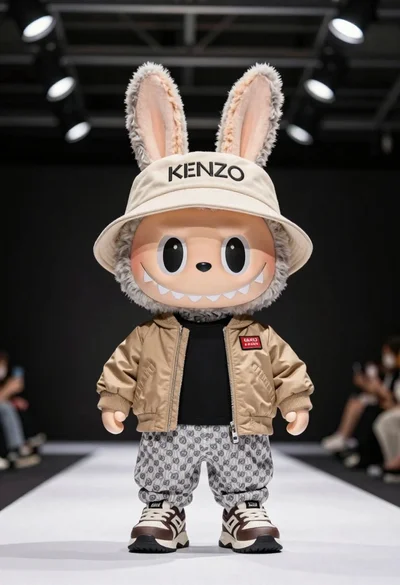 Plush rabbit character on white runway in studio