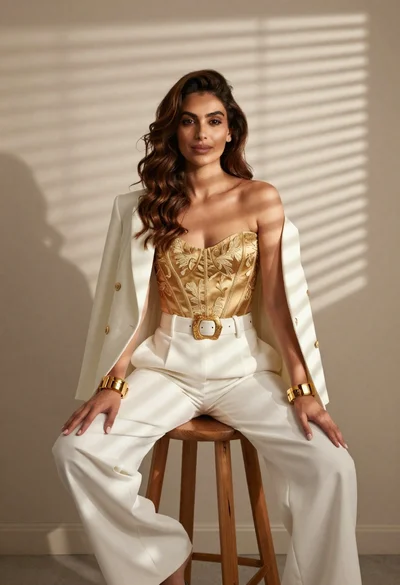 Woman in white pants and gold corset against striped shadows