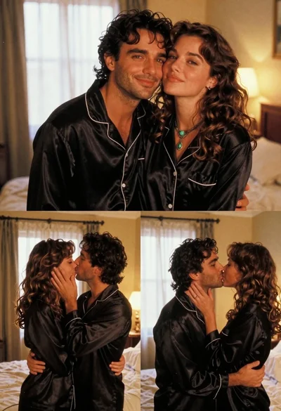 Romantic couple in black silk pajamas sharing intimate moments in bedroom