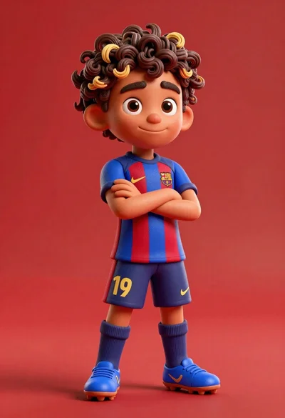 Young boy in blue soccer jersey standing confidently against red background