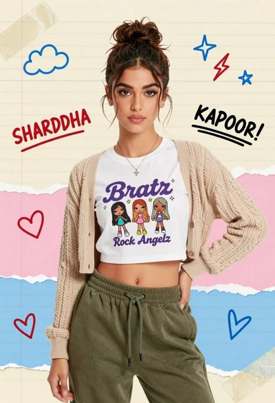 Portrait of a young woman in a cardigan against scrapbook collage background