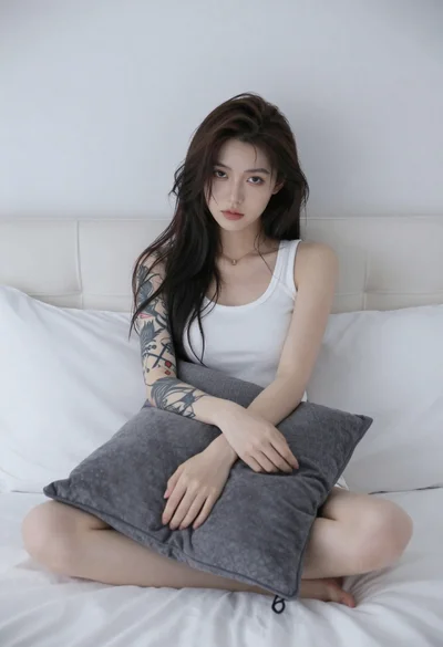 Young woman with dark hair sitting on white bed holding pillow
