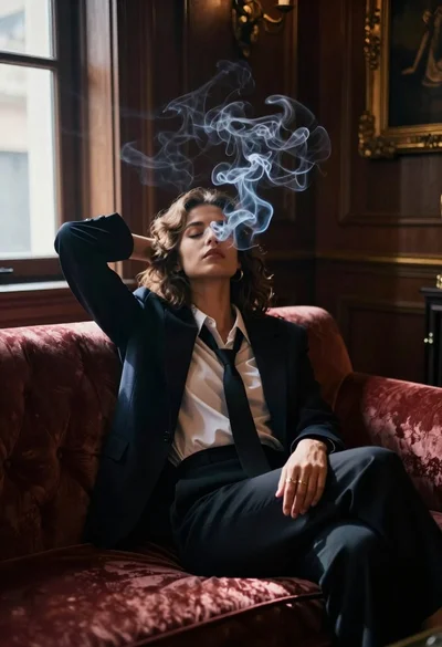 Woman seated in opulent room with swirling smoke