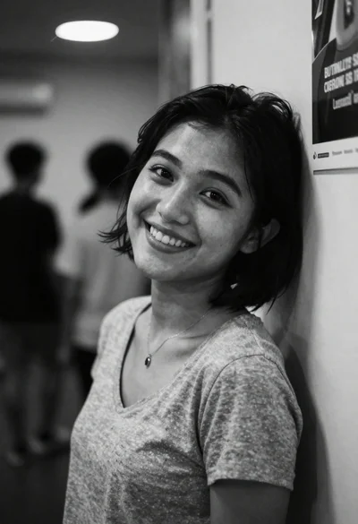 Black and white portrait of smiling young woman indoors