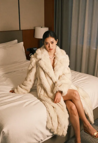 Woman in cream fur coat seated on bed looking at camera