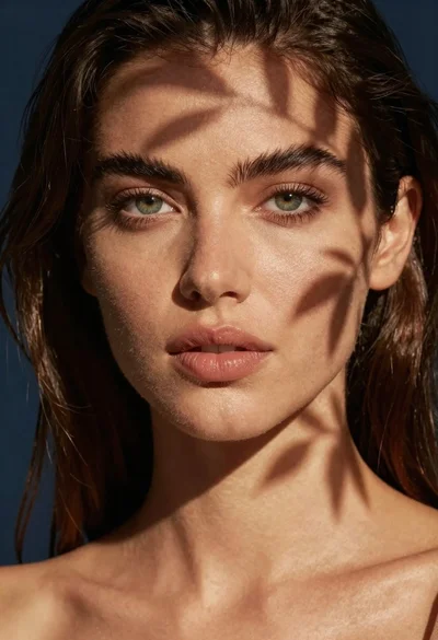 Close up portrait of woman with green eyes and leaf shadows