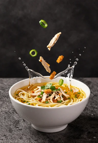 Dynamic splash of noodle soup broth and ingredients from white bowl
