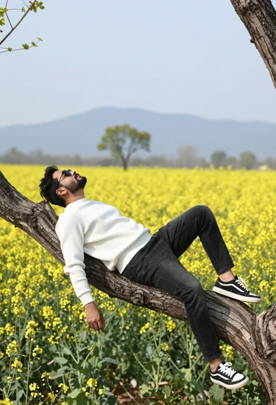 Man reclining on weathered branch over yellow flowers near blue mountains