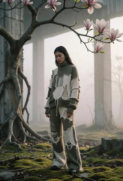 Woman in olive knit standing among concrete pillars and magnolia branches