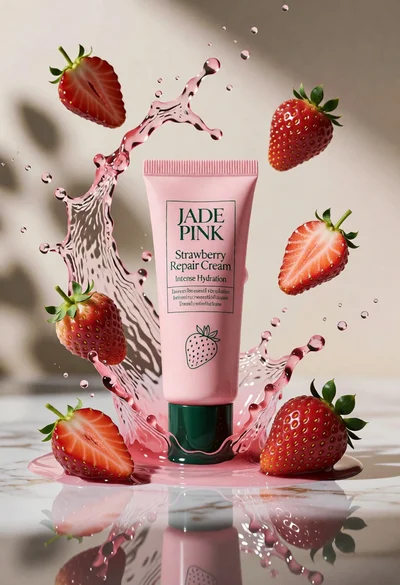 Macro product shot of pink cosmetic cream tube with splashing liquid and