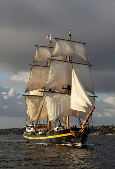 Majestic tall ship sailing across calm water under dramatic cloudy sky