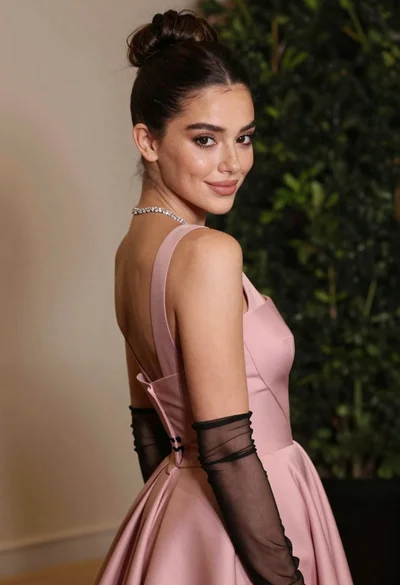 Young woman looking back over shoulder in dusty pink gown