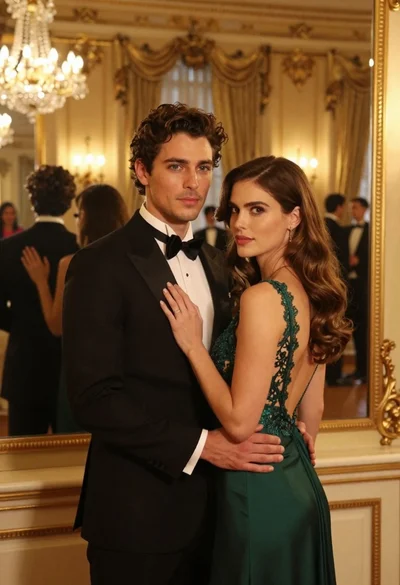 Man and woman in formal attire posing in an ornate ballroom