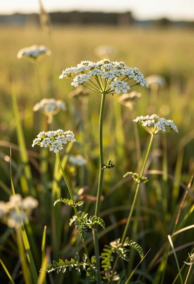 Close up view of white wildflowers in a sunlit grassy meadow field