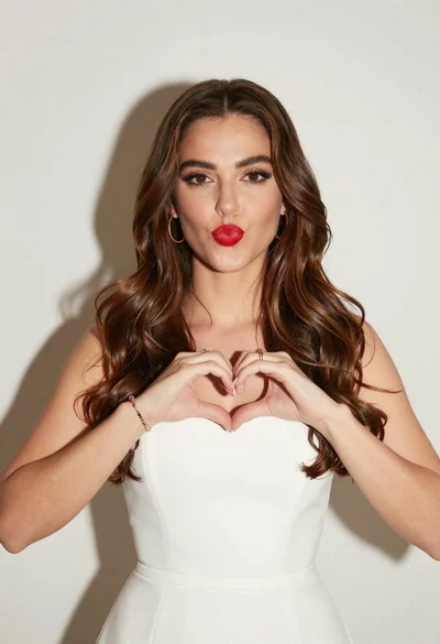 Woman with brown hair forming heart shape in white strapless dress