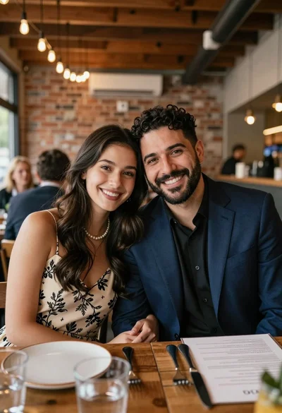 Smiling couple seated intimately at an industrial style restaurant table
