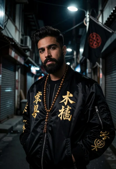 Man in black bomber jacket standing in a dark urban alleyway at