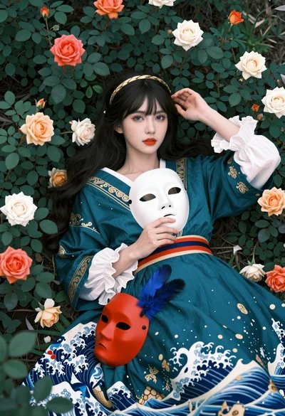 Fairskinned woman in teal gown among foliage holding white theatrical mask