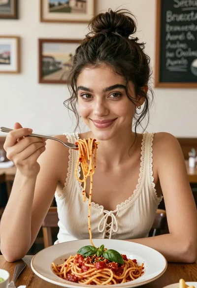 Young woman smiling with spaghetti in rustic italian restaurant setting