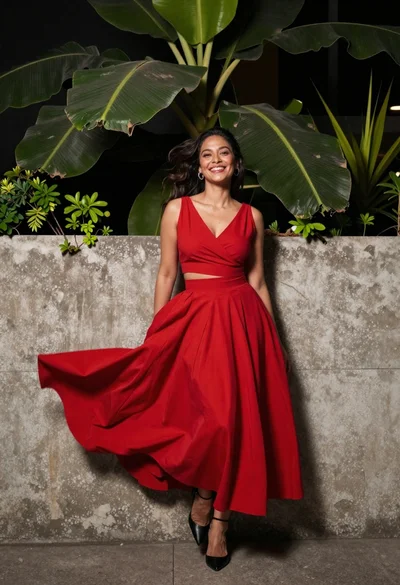 Joyful woman in flowing red dress by concrete wall with green foliage