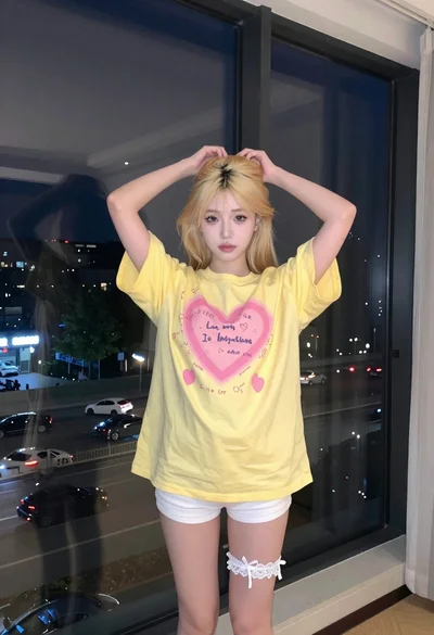 Young blonde woman gathering hair indoors by large reflective city window