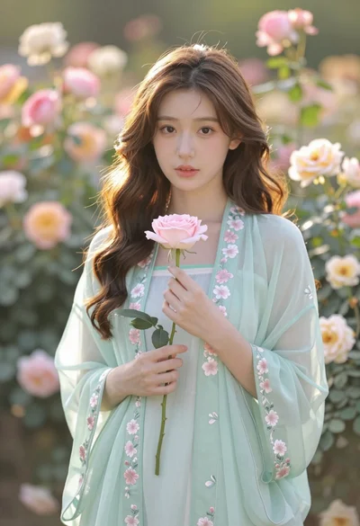Soft portrait of young woman with brown hair holding pink rose in