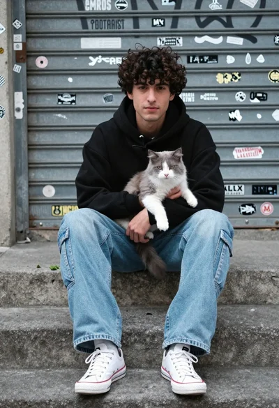 Young man with cat sitting on concrete steps in an urban setting