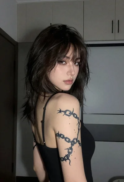 Young woman with tattoo looking over shoulder in dimly lit room