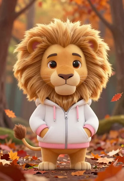 Chibi lion in white hoodie in autumnal forest
