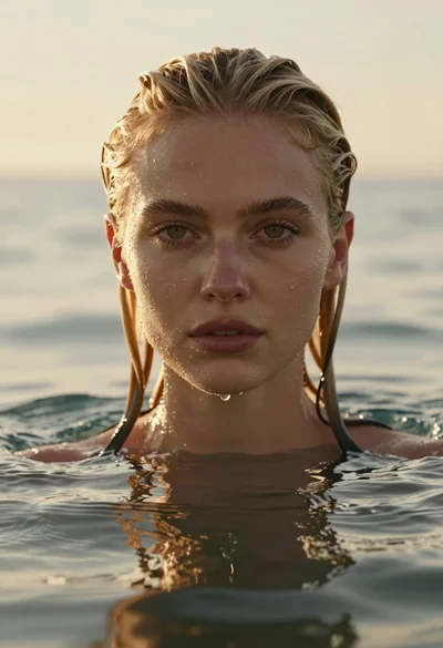 Close up portrait of blonde woman submerged in water at golden hour