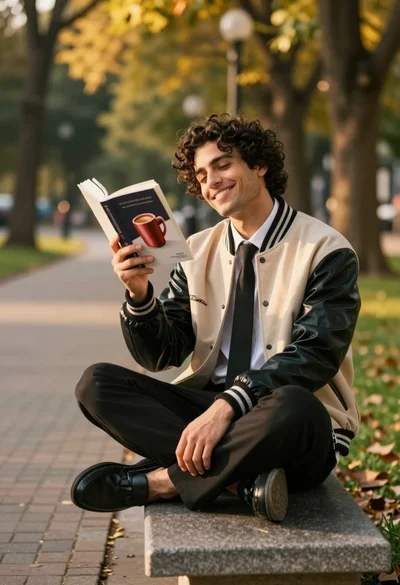 Man reading an open book on stone bench in park sunlight
