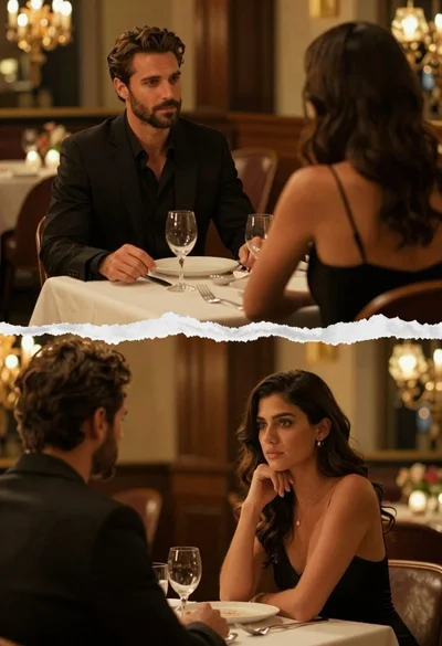 Cinematic diptych of couple at dimly lit upscale restaurant table
