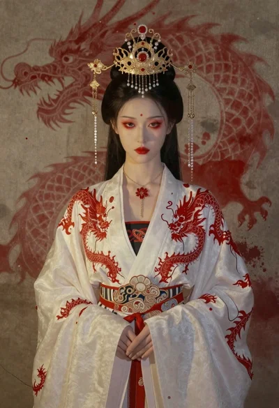 Woman in chinese robe with dragon motifs on parchment