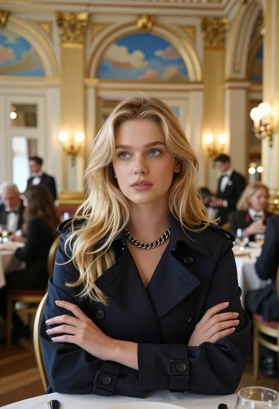 Fair blonde woman in navy trench coat at opulent dining hall table