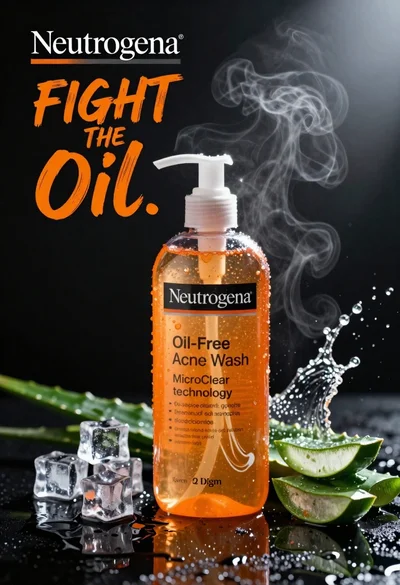 Commercial advertisement for orange facial cleanser bottle on wet black surface