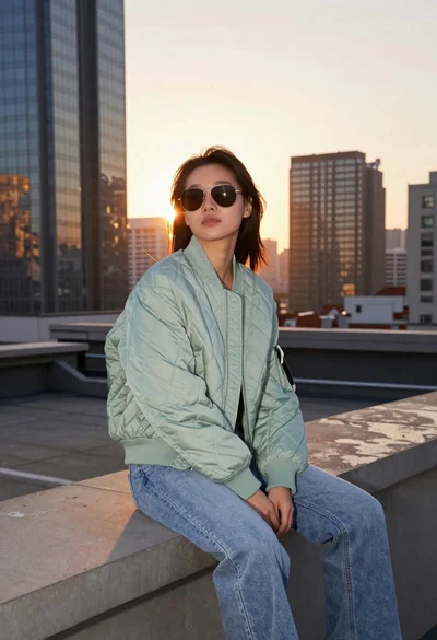 Stylish woman on rooftop overlooking sunset cityscape