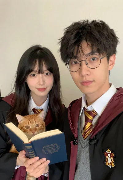 Young couple with cat in hogwarts style robes