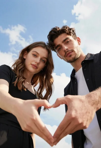 Young couple making heart shape against bright blue sky outdoors
