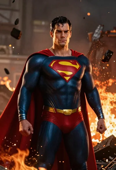 Superman standing in a fiery ruined battlefield setting