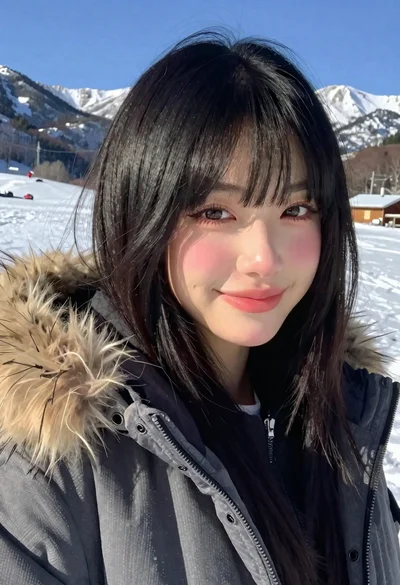 Portrait of young woman with black hair in winter parka near snowy