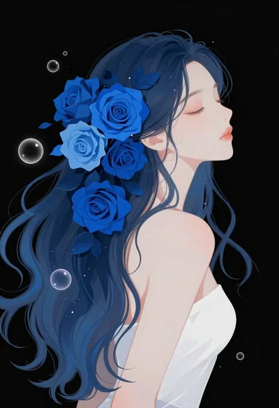 Serene woman profile with blue roses on black background