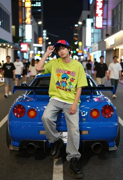 Young man sitting on blue sports car bumper in neon lit city