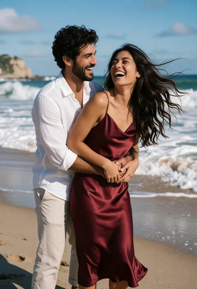 Joyful couple embracing on sunlit beach near ocean waves and cliff