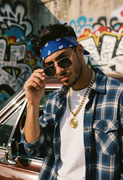 Young man by vintage car against colorful graffiti wall with plaid shirt