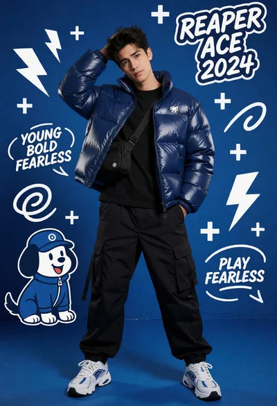 Young man in navy puffer jacket posing against vibrant blue graphic studio